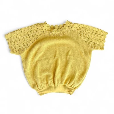 VTG Haband Sweater Womens Yellow Knit Short Sleeve Scallop Eyelet Crochet Lace - Image 1 of 4