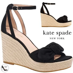 Kate Spade Tianna Espadrille Wedge Black Suede Leather Platform Sandal Pump 9.5 - Picture 1 of 17