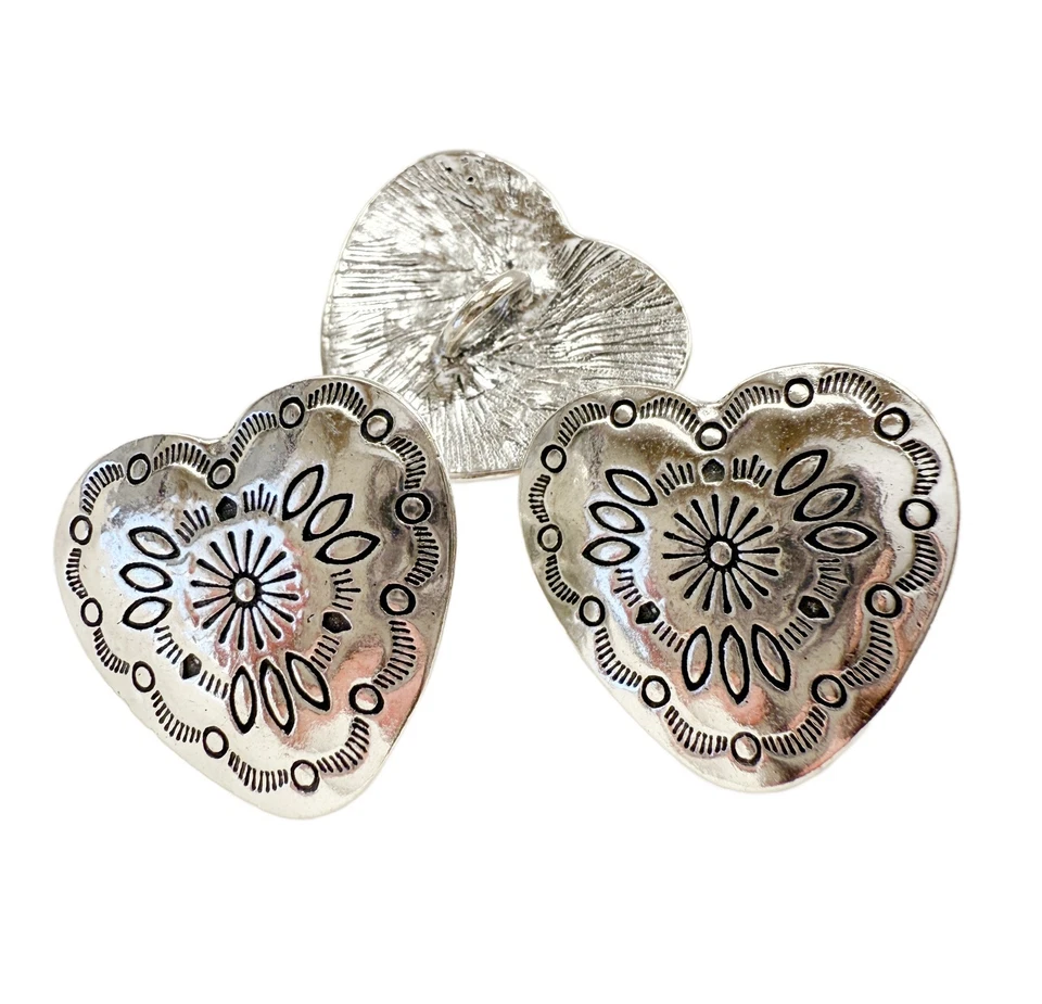 3PC Antiqued Silver Heart Metal Buttons Sewing Button Shank Native American Conc - Image 1 of 3