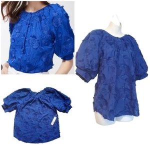 NWT$119 Chico's Embroidered Blue Button Puff Sleeve Peasant Floral Size: 6 - Picture 1 of 14