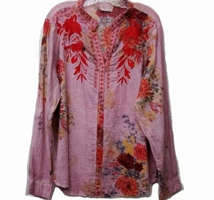 Top vintage Goa rosa floral bordado 100 % algodón con botones talla XL - Imagen 1 de 13