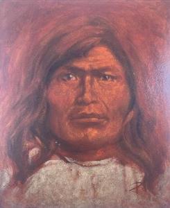 Dipinto olio originale d'epoca ritratto di uomo nativo americano firmato anni 70 - Foto 1 di 10