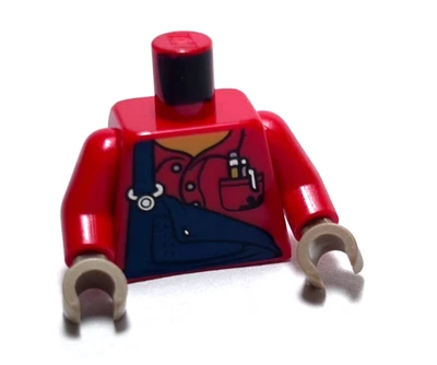 Lego - Minifigure Torso - Red, Blue Overalls, Pocket, Pens, Gloves - Image 1 of 2