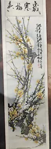Vintage Chinese Hanging Scroll Brush Painting & Calligraphy Plum Tree -Autum - Foto 1 di 2