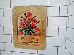 Vintage Glazed Plaster Wall Plaque POPPYS c1970 18x14ins 1.8cm 2.3kg Used - Picture 1 of 21