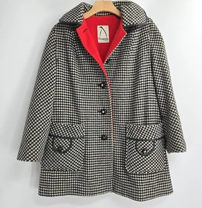 Vintage Wool Coat Size  Large Penguin 60s Mod Black Houndstooth Red Lining  - Picture 1 of 17
