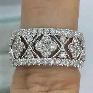 Fede Nuziale Argento Sterling 925 2 Ct Taglio Tondo Vera Moissanite Eternità Grappolo - Foto 1 di 4