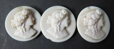 THREE LARGE (4cm across) 19th CENTURY GLASS CLASSICAL BUTTONS WITH BRASS SHANKS  - Image 1 of 4