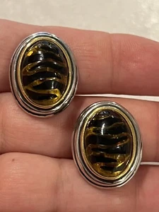 Oval Amber Glass Striped Cabochon Silver & Gold Tone Chunky 1" Clip on Earrings - Picture 1 of 10