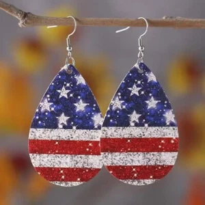 USA American Flag Double Sided Water Drop Dangle Earrings Fashion Women Blue Red - Picture 1 of 3