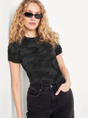 OLD NAVY Women's Size M TALL Everywear Crew-Neck Cotton T-Shirt- Black Camo - Image 1 of 4