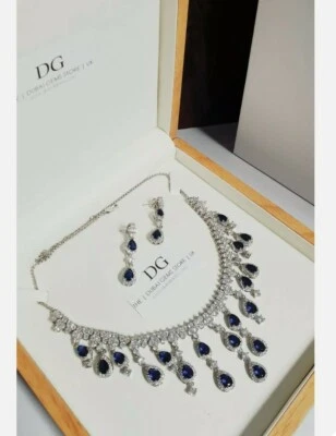 White gold finish pearcut sapphire and created diamond necklace 13th emperor - Image 1 of 4
