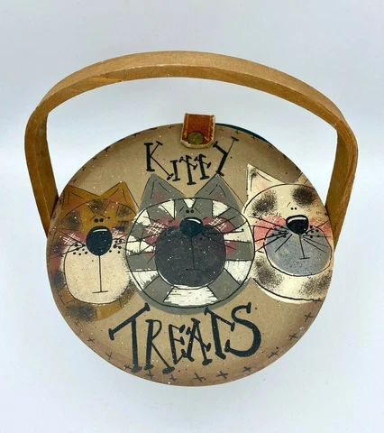 Basket Handpainted "Kitty Treats" Attached Lid with Leather Strap and Fastener Cover