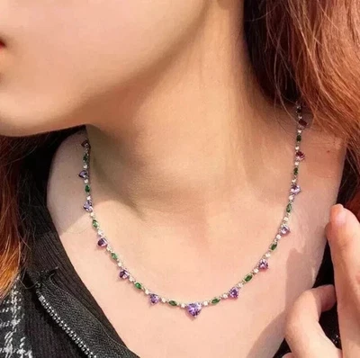 14k White Gold Plated 25Ct Heart Cut Lab Created Multicolor Tennis Necklace 18" - Image 1 of 4
