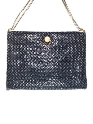 Vtg Black Mesh Chainmail Evening Bag Purse Hong Kong 11" Hinge Pull Open - Image 1 of 4