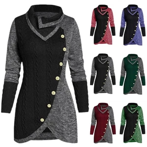 Damen Lässige Langarm Pullover Gestrickte Baggy Tops mit Knöpfen Freizeit - Bild 1 von 11