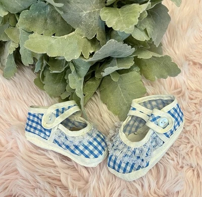 Zapatos de cuna Mary Jane vintage para bebé niña blanco azul guinga encaje talla 1 Foto 1 de 4