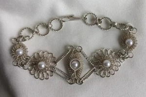Vintage Filigree Silver Tone Bracelet Faux Pearls Flower Floral - Picture 1 of 4