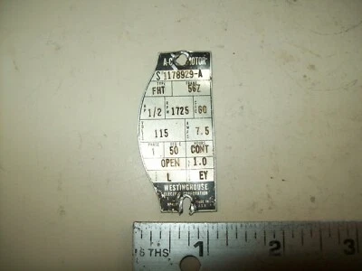 Insignia de placa de nombre y modelo de Westinghouse vintage motor de CA de 1/2 HP #S1178929-A  Foto 1 de 3