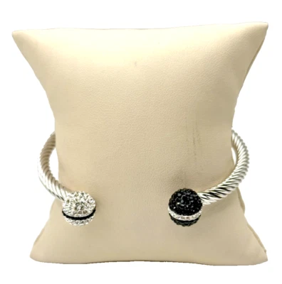 Silver-Plated Cable Cuff Bracelet with Black & Clear Faux Crystal Pave Ball Ends - Image 1 of 4