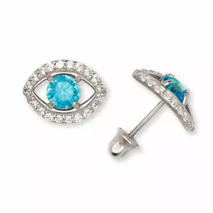 14K Solid White Gold 9mm Evil Eye Shape Screw Back Earrings w/ Sparkly CZ Stones - Picture 1 of 7