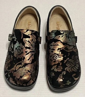 Tamancos Alegria tamanho 40 KARA Regal cobre preto floral camurça KAR-557X EUA 9,5-10 - Imagem 1 de 4