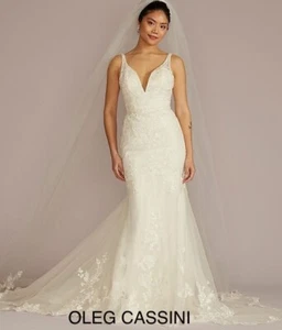 Oleg Cassini Mermaid Ivory 14010920 Wedding Dress Size 12 MSRP $1500 Beaded - Picture 1 of 4