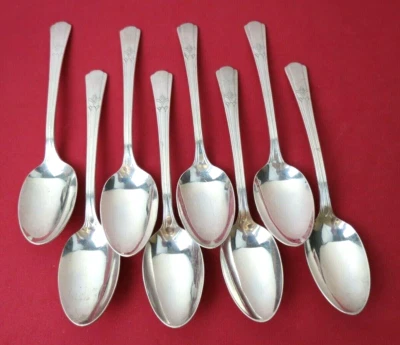 Set of 8 SOVEREIGN Pattern Art Deco Teaspoons 1939  Wm Rogers Silverplate 6" - Image 1 of 4
