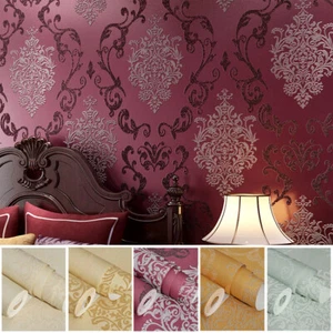 10M Elegant Luxury Damask Embossed Flock Textured Non-woven Wallpaper Roll - Picture 1 of 22