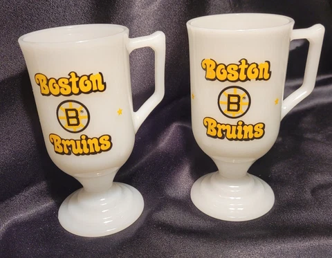 Two Vintage Boston Bruins Milk Glass Footed Mugs ( Cir 1950's) Cover