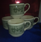 set 4 Western theme green SCIO Pottery Yoke Plow Currier & Ives pattern 6 oz cup