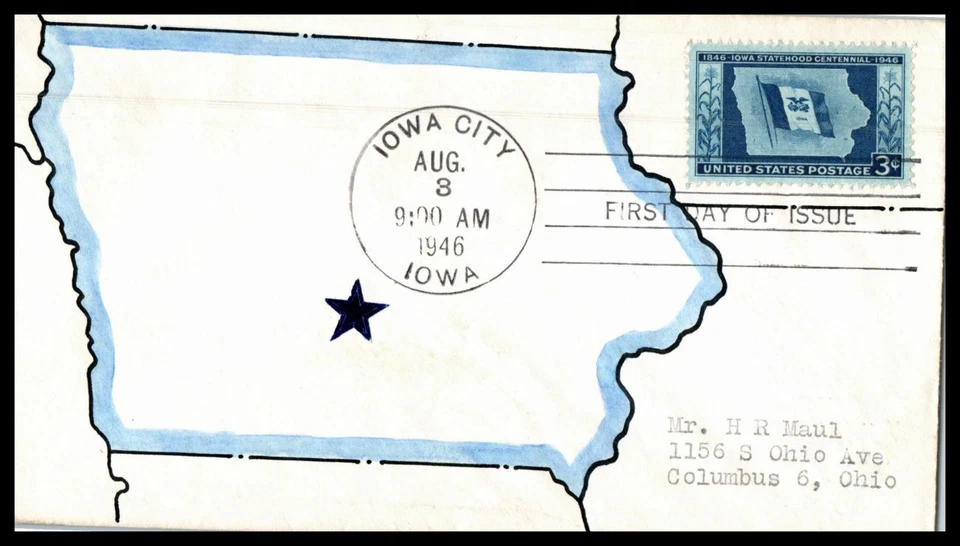 1946 Iowa Statehood 100 years Sc 942 unlisted hand-painted cachet (W13 - Image 1 of 1