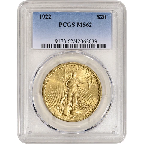 1922 US Gold $20 Saint-Gaudens Double Eagle - PCGS MS62 Cover