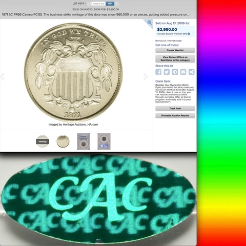1871 PCGS PR66CAM CAC $2,990 APR Before CAC Approval! CAMEO Shield Nickel 5C Cover