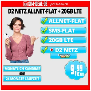 📶 Handytarif D2 Vodafone ALLNET + SMS FLAT 20 GB LTE 9,99 EUR Monat mtl kündbar - Bild 1 von 1