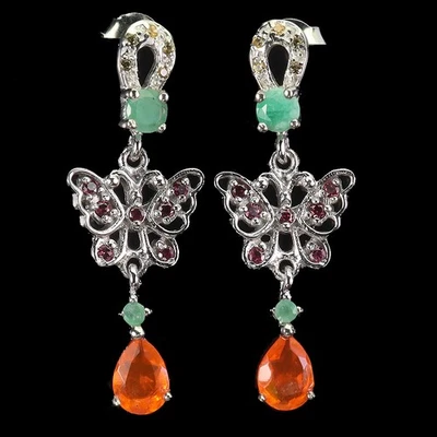 925 Sterling Silber Ohrringe Birne Orange Opal Smaragd Schmetterling Schmuck - Bild 1 von 4