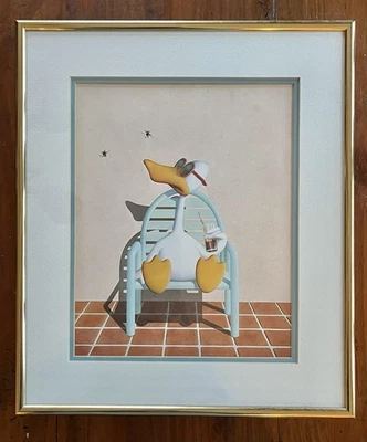 Impresión artística de pato sentado Michael Bedard vintage de los años 80 enmarcada profesionalmente enmarañada  Foto 1 de 4
