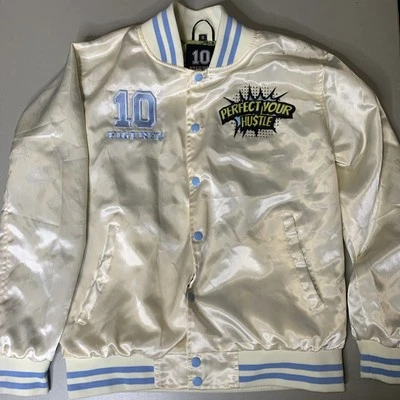 10 Figurez Cream & Baby Blue Satin Bomber “Perfect Your Hustle” Jacket | Sz S - Image 1 of 4