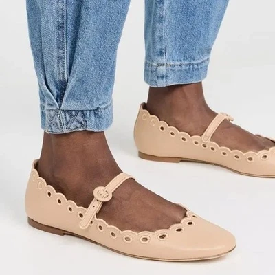 Larroude Blair Broderie Mary Jane Flats Size 6.5 Tan Leather Scalloped NEW $330 - Image 1 of 4