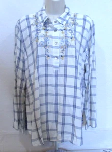 Blusa donna multipla grande blu a quadri ricamata floreale con bottoni - Foto 1 di 6