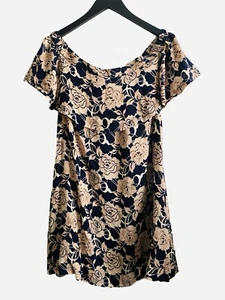 Jodifl Off Shoulder Kleid Medium Mini kurz geblümt dunkelblau beige Rüschen - Bild 1 von 9