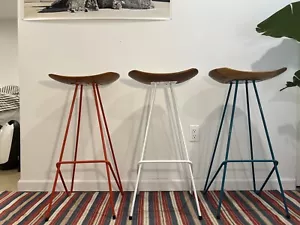 Perch Bar Stools - Teak And IronSet Of 3 ( Teal, White, Red) Excel Condition!!! - Picture 1 of 8