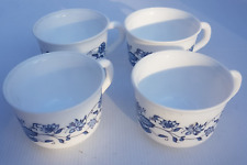 Vintage Arcopal France Cup & Saucer x4 Milk Glass mug Blue and white