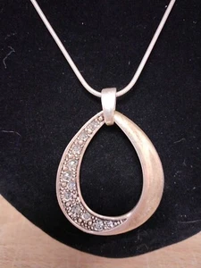 Vintage Silver Toned Necklace W/Rhinestones Embedded On Half Of Teardrop Pendant - Picture 1 of 6