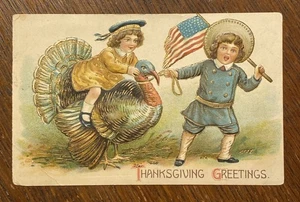American FLAG Victorian Boy Girl Ride Turkey Thanksgiving Vtg 1911 Emb Postcard! - Picture 1 of 5
