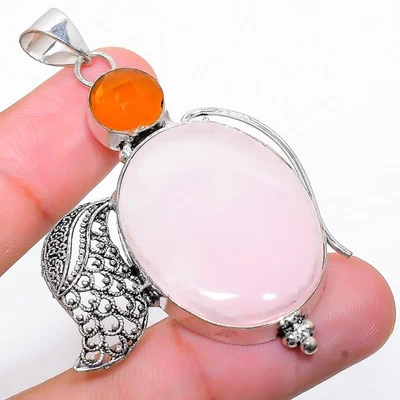 Quarzo rosa, corniola gemma argento sterling 925 ciondolo gioiello 2,40" - Immagine 1 di 4