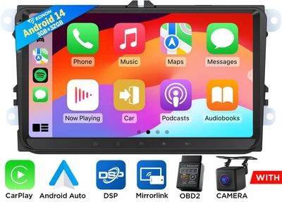 OBD+CAM+Android 14 Car Stereo FM Radio Apple CarPlay GPS DSP For VW GOLF MK5 MK6 - Image 1 of 4