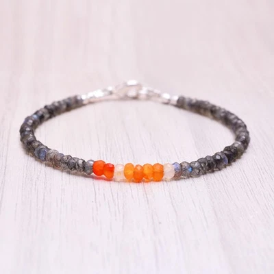 Pulseira de opala de fogo labradorita e mexicana, pele delicada de empilhamento de várias pedras preciosas - Imagem 1 de 4