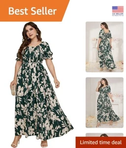 Elegant Plus Size Boho Dress - Floral Print, Short Sleeve & Flared Maxi Style - Picture 1 of 7