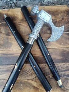 Classic Wooden Black Walking Stick With Silver Brass Axe Head Handle Cane Gift